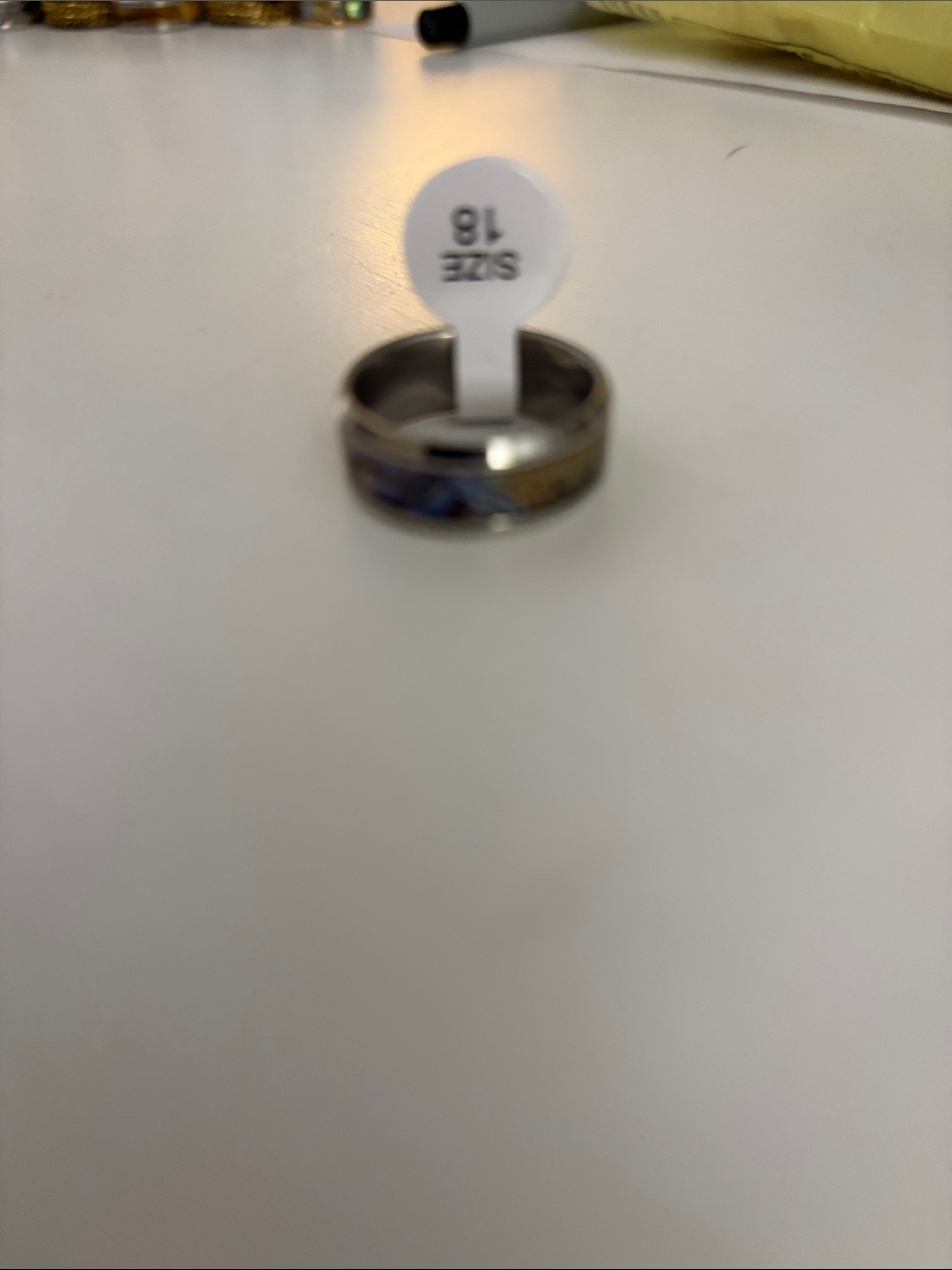 Silver Tone Band Ring with Blue Accent - Size 18